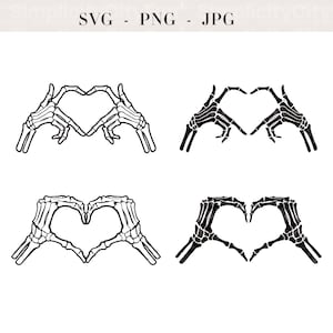 May include: Four black and white illustrations of skeleton hands making a heart shape with their fingers. The hands are in different positions, but all are making the same gesture.