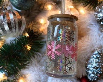 Sparkly Snowflake Glass Cup, Christmas Snowflake Beer Can Glass, Holiday Glass Iced Coffee Cup Lid and Straw, Glitter Christmas Cup