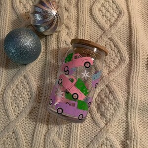 Pastel Truck Christmas Glass Cup, Pastel Christmas Beer Can Glass, Holiday Coffee Cup Lid and Straw, Retro Christmas Truck Beer Can Glass