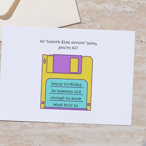 Cartão de aniversário de 40 anos, nascido nos anos 80, criança dos anos 80, crianças dos anos 90, cartão de aniversário de disquete, cartão de amigo, feliz aniversário de 1985, download instantâneo