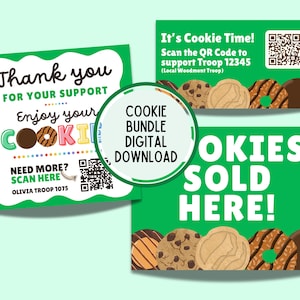 May include: A digital download graphic featuring three green signs with cookie-themed text. One sign says "Thank you" and "Enjoy your COOKIE". Another says "It's Cookie Time!" and the third says "OKIES SOLD HERE!"