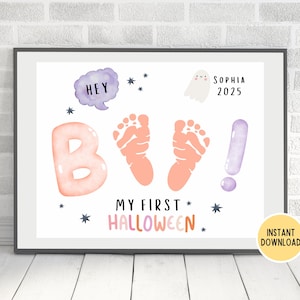 Halloween Handprint Craft, Baby&#39;s First Halloween, Newborn Footprint Keepsake, Boo DIY Toddler Preschool Art Activity, Instant Download