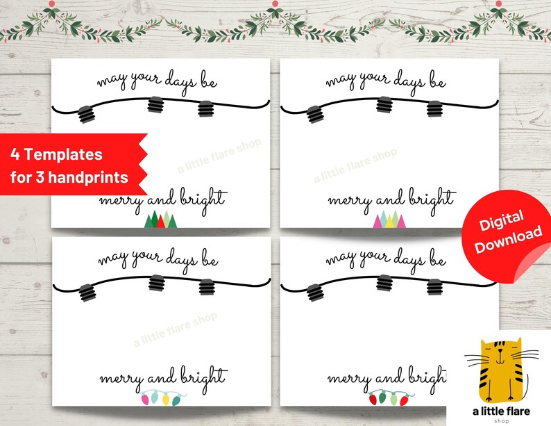 May include: Four white rectangular paper templates featuring black text that reads may your days be merry and bright. Each template includes a black string light graphic and small colorful illustrations of Christmas trees or light bulbs.