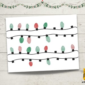 May include: A white rectangular print featuring two horizontal black strings of Christmas lights. The light bulbs are represented by red and green fingerprint patterns, each attached to a small black socket along the black wire lines.