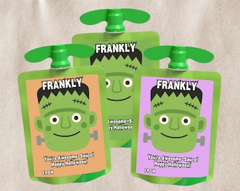 Apfelmusbeutel-Etiketten, Halloween-Mitgebsel für die Schule, Frankenstein-Sauce (Bearbeitbarer Canva-Download)