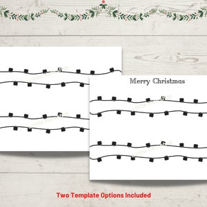 May include: Two white rectangular cards featuring black line illustrations of string lights. One card is blank, while the other displays the text Merry Christmas in black font above the string light graphics. The design is simple and monochromatic.
