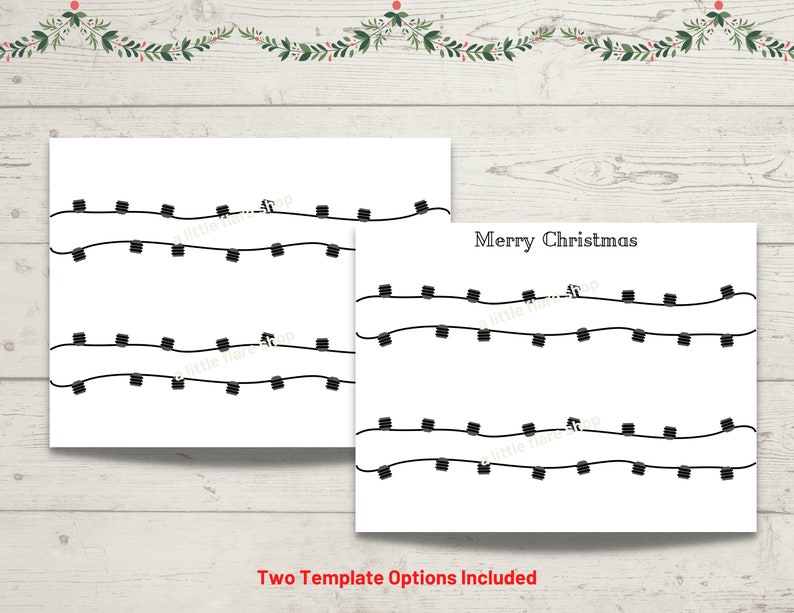 May include: Two white rectangular cards featuring black line illustrations of string lights. One card is blank, while the other displays the text Merry Christmas in black font above the string light graphics. The design is simple and monochromatic.