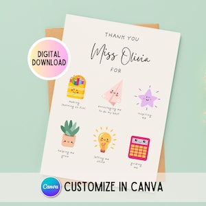 May include: A printable thank you card for a teacher with the text "Thank You Miss Olivia For" and illustrations of a pencil box, paper aeroplane, star, plant, lightbulb, and calculator.