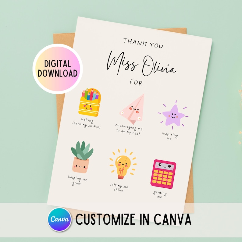 May include: A printable thank you card for a teacher with the text "Thank You Miss Olivia For" and illustrations of a pencil box, paper aeroplane, star, plant, lightbulb, and calculator.