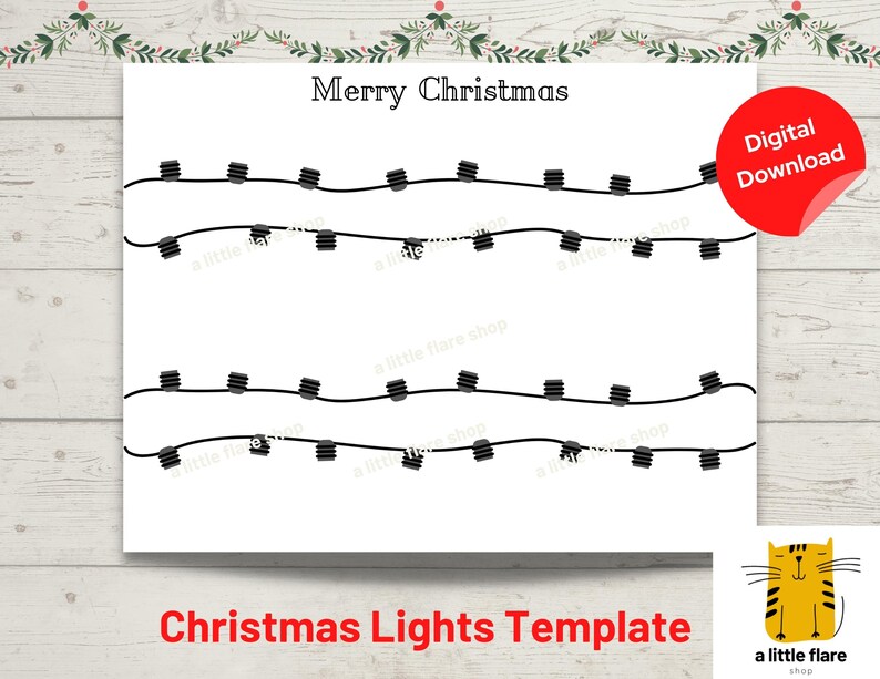 May include: A white digital download template featuring the text Merry Christmas at the top and four horizontal black lines representing strings of Christmas lights with small black bulb sockets arranged in a repeating pattern across the page.