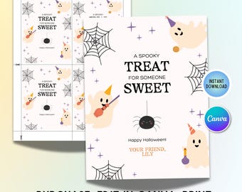 以下が含まれることがあります： A SPOOKY TREAT FOR SOMEONE SWEETおよびHappy Halloweenという黒いテキストが書かれた、明るい背景の印刷可能なハロウィーンカードテンプレート。パーティーハットをかぶった幽霊、クモの巣、クモのイラストが描かれています。