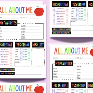 Op de afbeelding: Een set kleurrijke, printbare "All About Me" werkbladen. Elke pagina bevat secties voor favorieten, "Dit of Dat", "Ja of Nee" en een verlanglijstje, met een vrolijke appelafbeelding. Perfect voor in de klas of persoonlijk gebruik.