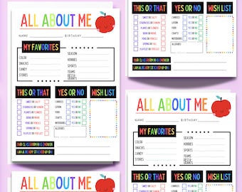 May include: A set of colorful printable "All About Me" worksheets. Each sheet features sections for favorites, "This or That," "Yes or No," and a wish list, with a cheerful apple graphic. Perfect for classroom or personal use.