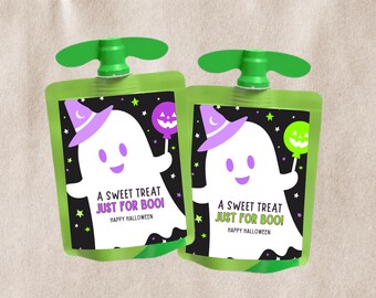 Etiquetas para bolsitas de puré de manzana, detalle para el aula de Halloween, un dulce capricho para Boo (descarga digital editable de Canva)