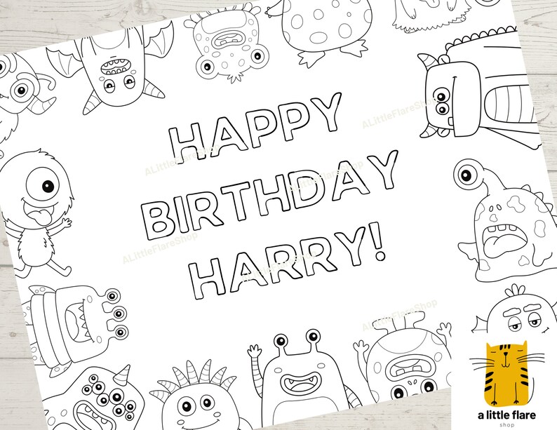 Kids Birthday Coloring Page Monster Custom Birthday Coloring - Etsy
