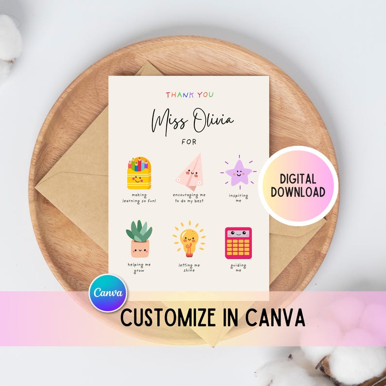 May include: A printable thank you card for a teacher with the text "Thank You Miss Olivia For" and illustrations of a pencil box, paper aeroplane, star, plant, lightbulb, and calculator.