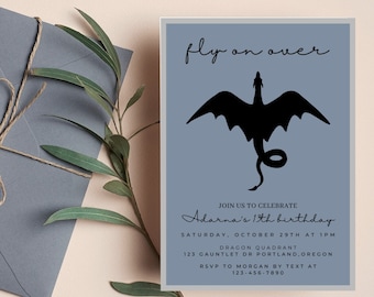 Dragon Birthday Invitation, Dragon Silhouette Invite, Fantasy Fairytale Invitation, Instant Download