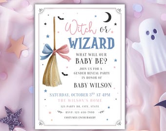 Halloween Gender Reveal Invitation Template, Witch or Wizard Baby Shower Invite, Pink Blue Broom, Editable Canva Invite
