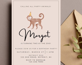 Modèle d'invitation d'anniversaire modifiable deux au zoo, invitation d'anniversaire de singe, anniversaire de tout-petit, téléchargement immédiat, minimaliste