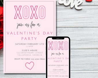 XOXO Valentine's Day Party Invitation, Kid's Valentine's Invitation, Red and Pink Heart Invitation, Editable, Instant Download