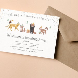 Printable Zoo Birthday Invitation, Party Animal Party Theme, Any age, Instant Download