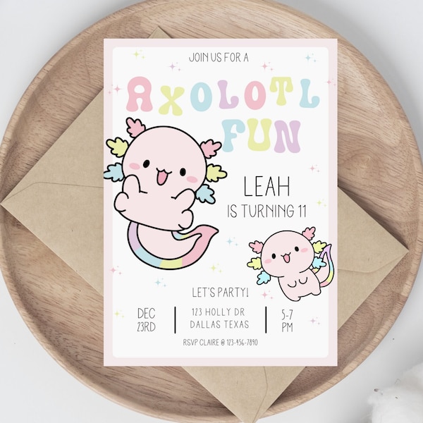 Axolotl Fun Birthday Party Invitation, Cute Girl's Birthday Invite, Pastel Rainbow Invite, Instant Download