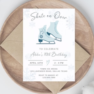 Printable Skate on Over Birthday Party Invitation, Girl&#39;s Birthday, Snowflakes, Ice Skating, Winter, Instant Download