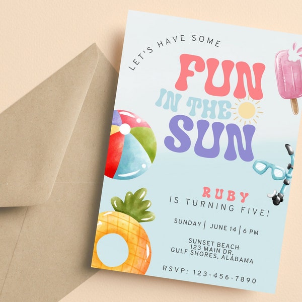 Summer Birthday Invitation, Fun in the Sun, Any Age Birthday, Beach Party, Pool Party, Instant Download