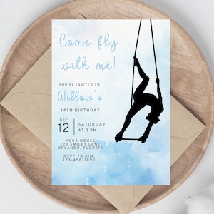 Faire-part d'anniversaire fille, venez voler avec moi, yoga en soie, cirque, aquarelle bleue, téléchargement immédiat