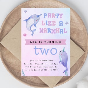 Editable Narwhal Birthday Invitation, Pastel Ocean Birthday Party, Under The Sea, Instant Download