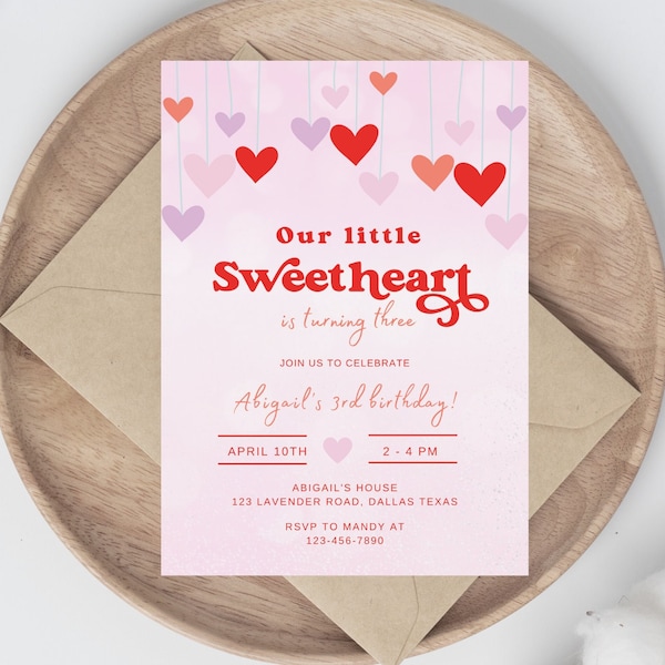 Our Little Sweetheart Birthday Invitation, Valentines Birthday, Pink Hearts, Valentine Theme, Instant Download
