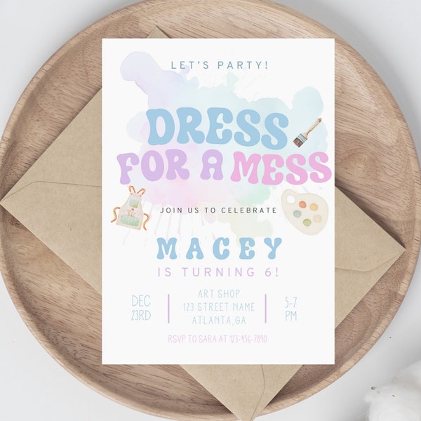 Art Party, Dress for a Mess, Painting Birthday, Crafts, Artist, Girl's Invitation, Instant Download