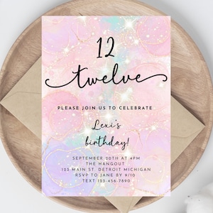 Birthday Invitation, Girl's 12th birthday party, Pastel Pink, Blue, Purple, Gold Sparkles, Instant Download, Editable