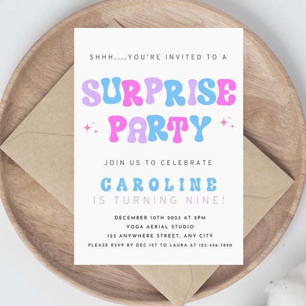 Kid's Surprise Birthday Party Invitation, Surprise Party, Retro, Colorful, Instant Download