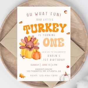 Thanksgiving First Birthday Invitation, Our Little Turkey is One, Party Invite, Fall Birthday, Instant Download