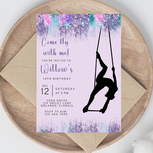 Faire-part d'anniversaire de soie aérienne pour fille, invitation d'acrobatie de yoga pour fille, paillettes violettes, téléchargement immédiat