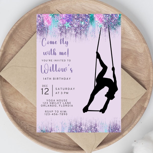 Gir's Aerial Silks Birthday Party Invitation, Girl's Yoga Acrobatics Invite, Purple Glitter, Instant Download