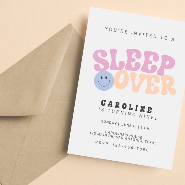 Girl's Sleep Over Birthday Party Template, Preppy Smiley Face Invite Printable, Instant Download, Any Age