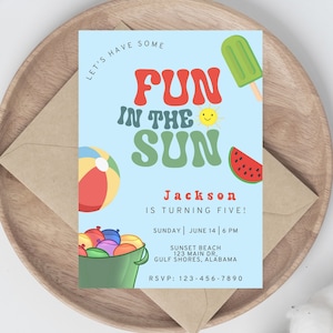 Kid's Fun in the Sun Birthday Invitation, Summer Party, Water Balloons, Instant Download