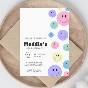 Pastel Smiley Face Birthday Invitation Template, Girl's Rainbow Emoji Birthday Party, Preppy Invite, Instant Download
