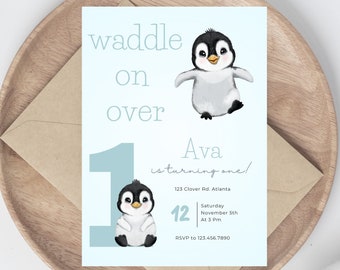 Penguin First Birthday Invitation, Waddle on over, Blue Party Invite, Winter Onederland, Instant Download