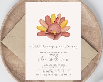 A little Turkey is On the Way Baby Shower Invitation, Thanksgiving Theme Baby Shower, Instant Download