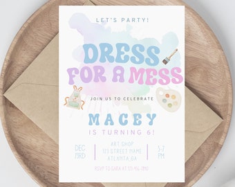 Art Party, Dress for a Mess, Painting Birthday, Crafts, Artist, Girl's Invitation, Instant Download