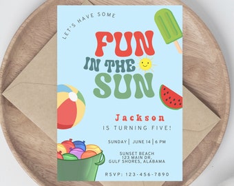 Kid's Fun in the Sun Birthday Invitation, Summer Party, Water Balloons, Instant Download