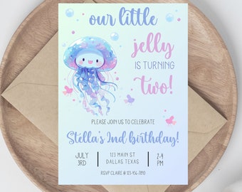 Invitation d'anniversaire de méduse sous la mer, notre petite méduse, thème de l'océan, fête à la piscine, téléchargement immédiat