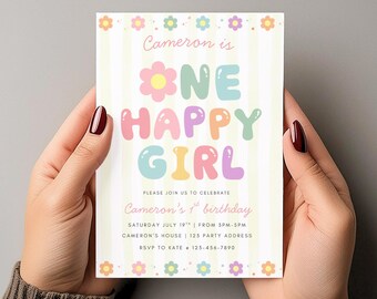 One Happy Girl 1st Birthday Invitation, Yellow and Pink Stripes, Daisy Invite, Instant Download