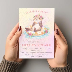 Plantilla de invitación de cumpleaños editable con tema de nutria, Splash on Over, Summer, Pool Party, Plantilla de invitación, Descarga instantánea
