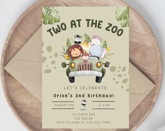 Kid's 2nd Birthday Invitation, Two at the Zoo, Safari, Animals, Lion, Zebra, Cheetah, Monkey, Instant Download