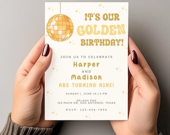 Twin Golden Birthday Invitation, Joint Birthday, She's so Golden, Disco Ball, Dance Party, Birthday Party Invite, Instant Download