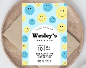 Kid's Preppy Smiley Face Birthday Invitation, Blue and Yellow, Kid's Birthday, Retro, Groovy, Instant Download
